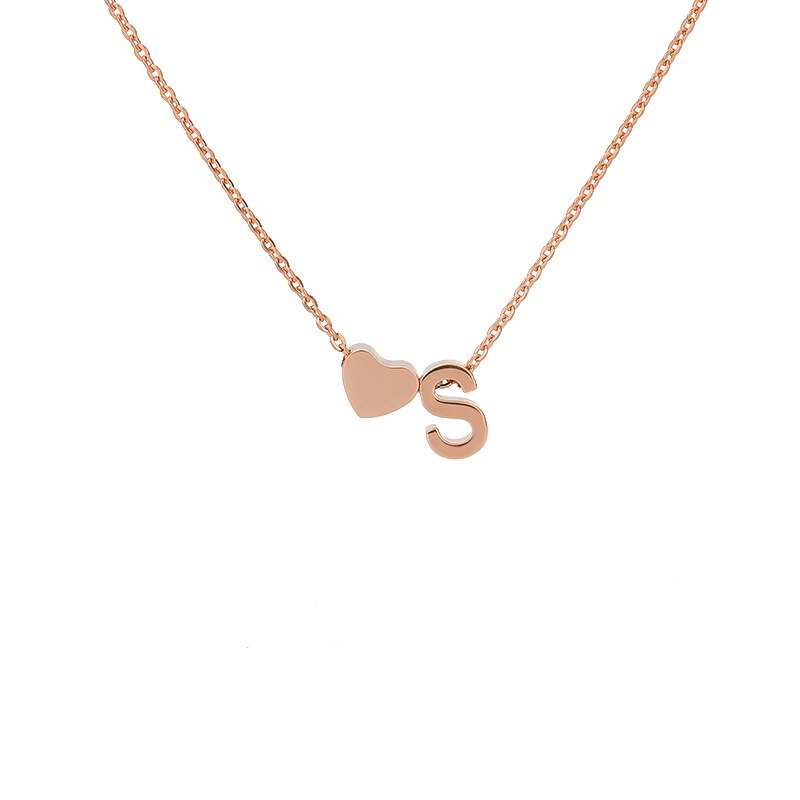 Rose Gold Heart Initial Necklace, letter S.