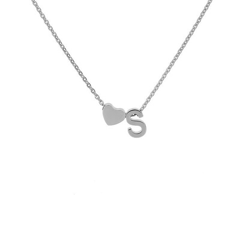 Silver Heart Initial Necklace, letter S.