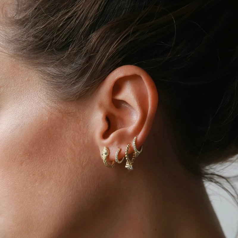 A model wearing multiple gold hoops.