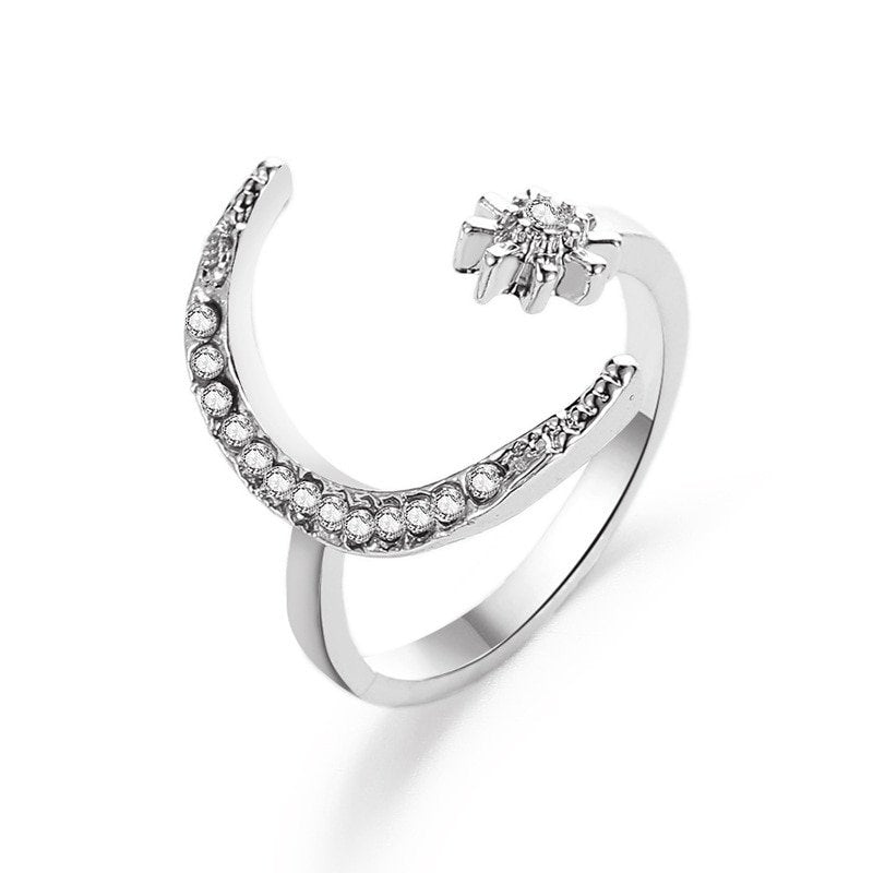 Star Crescent Moon Ring in silver option.