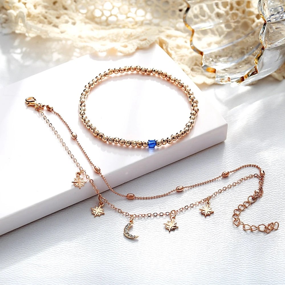 Full view of the Star Moon Gold Anklet Set.
