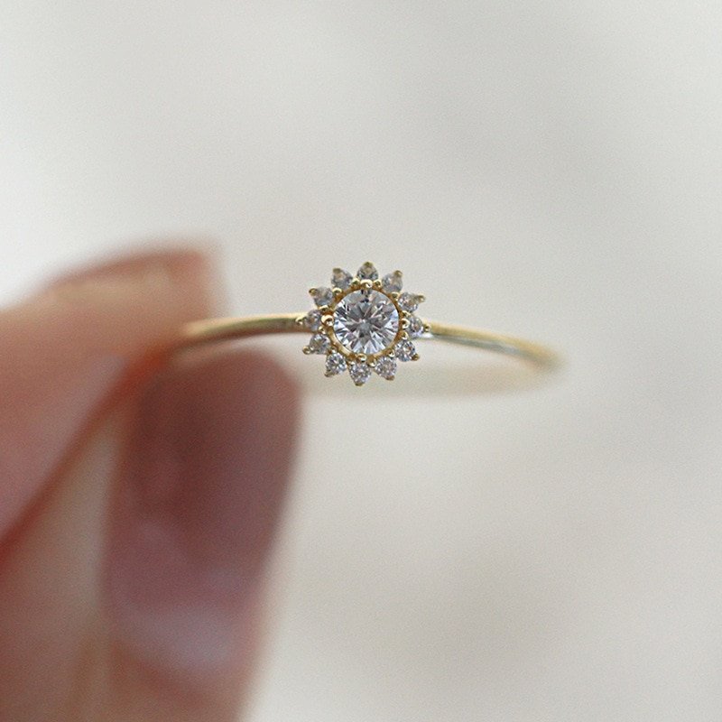 Closeup of the gold Sunflower CZ Ring.