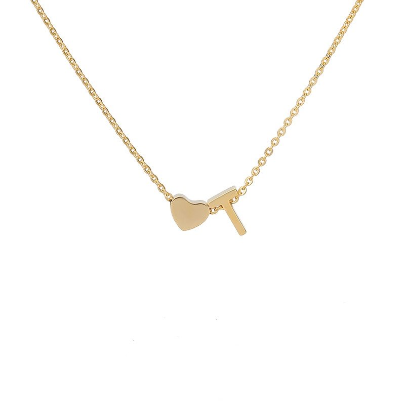 Gold Heart Initial Necklace, letter T.