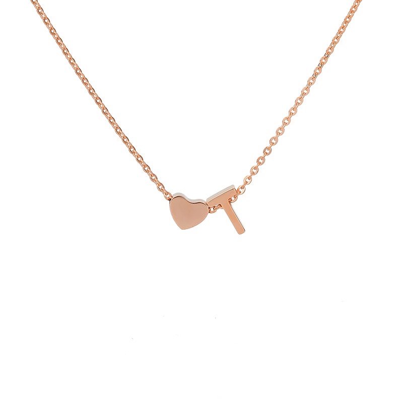 Rose Gold Heart Initial Necklace, letter T.