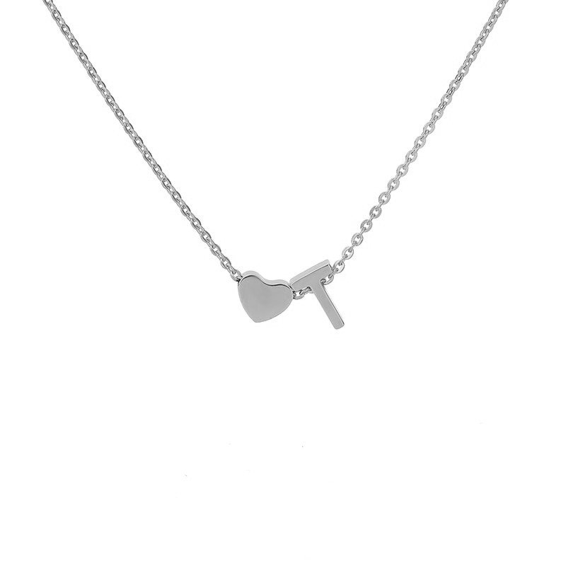 Silver Heart Initial Necklace, letter T.
