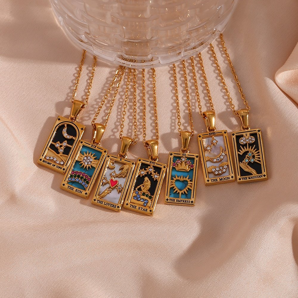 Closeup of the Tarot Card Amulet Necklaces.