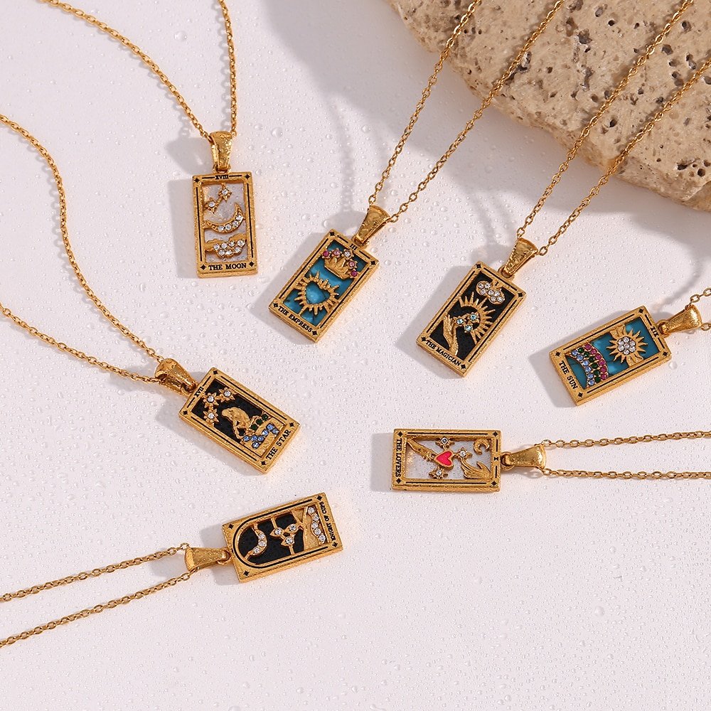 Seven Tarot Card Amulet Necklaces.