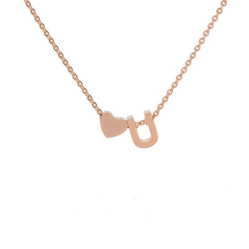 Rose Gold Heart Initial Necklace, letter U.