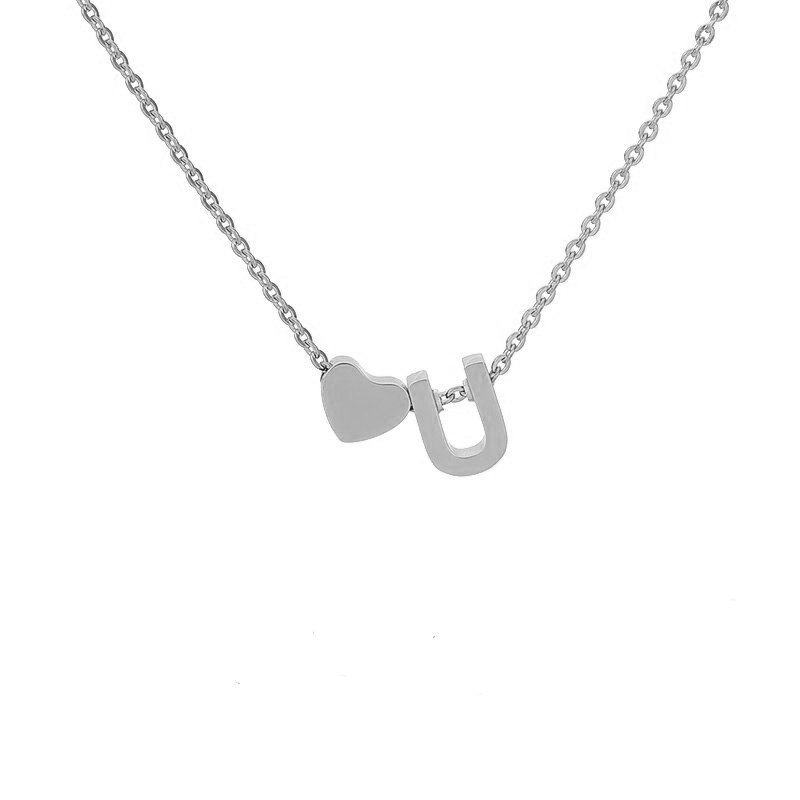 Silver Heart Initial Necklace, letter U.