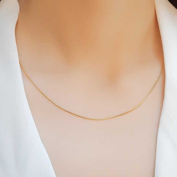 A woman wearing a thin gold necklace with a blazer.