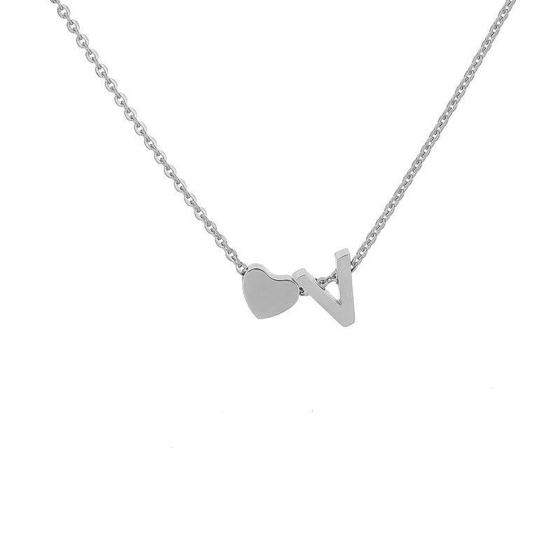 Silver Heart Initial Necklace, letter V.