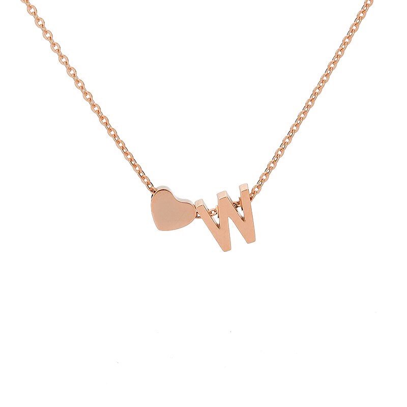 Rose Gold Heart Initial Necklace, letter W.