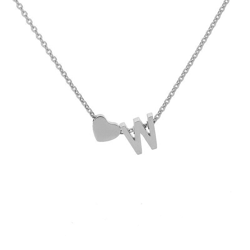 Silver Heart Initial Necklace, letter W.