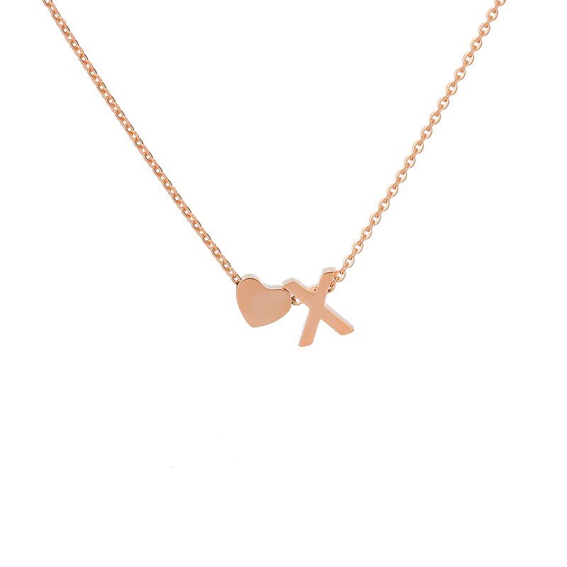 Rose Gold Heart Initial Necklace, letter X.