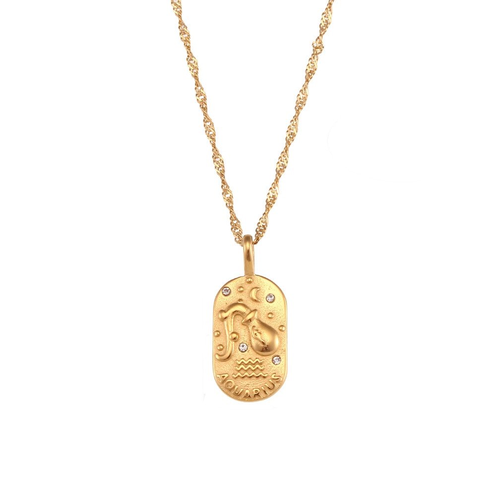 Aquarius Zodiac Amulet Gold Necklace.