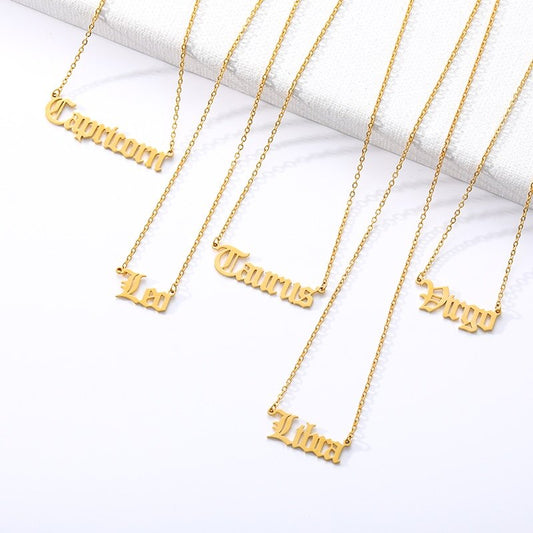 Gold Zodiac Name Plate Necklaces.