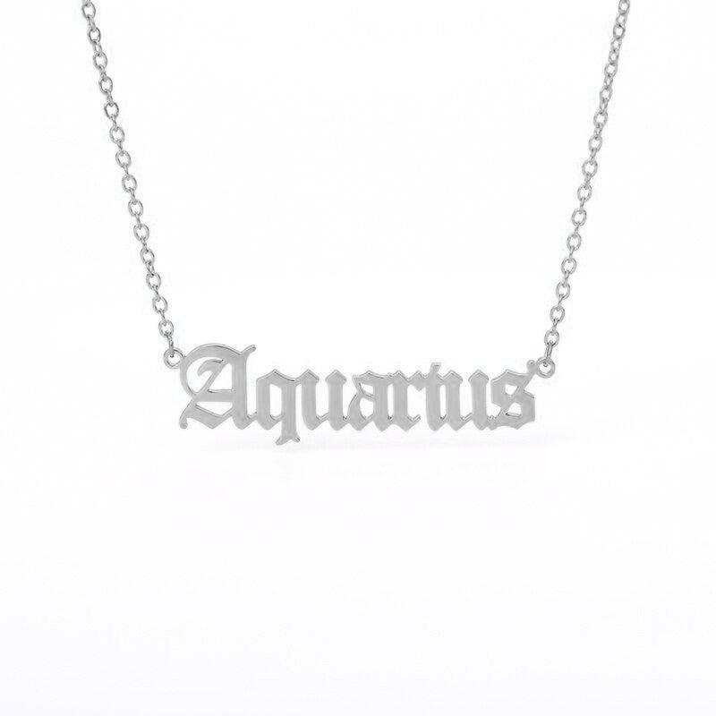 Aquarius Zodiac Name Plate Necklace in Silver.