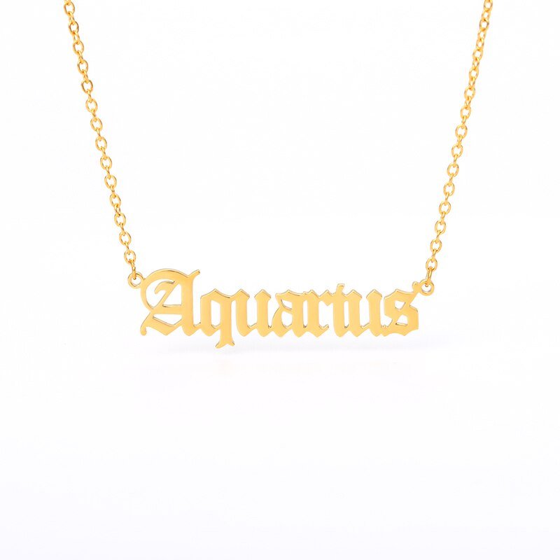 Aquarius Zodiac Name Plate Necklace in Gold.
