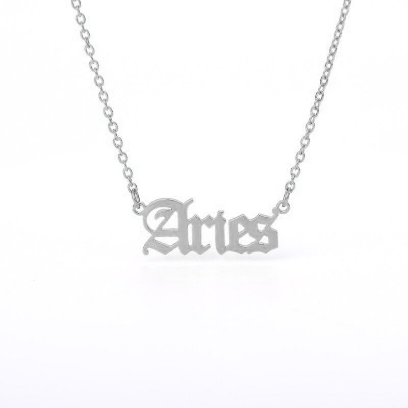 Aries Zodiac Name Plate Necklace in Silver.