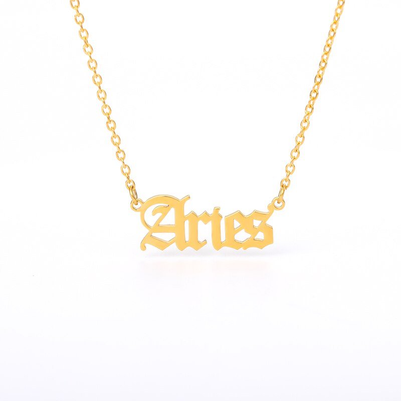 Aries Zodiac Name Plate Necklace in Gold.