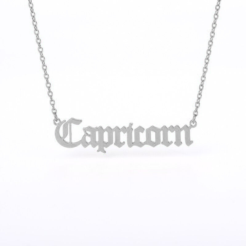 Capricorn Zodiac Name Plate Necklace in Silver.