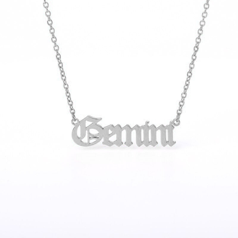 Gemini Zodiac Name Plate Necklace in Silver.