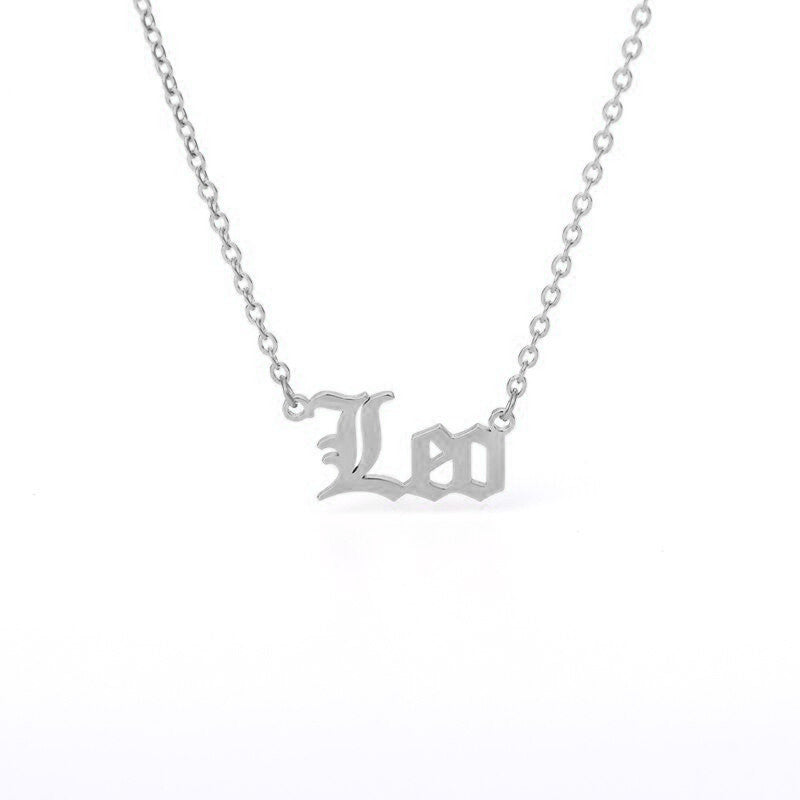 Leo Zodiac Name Plate Necklace in Silver.
