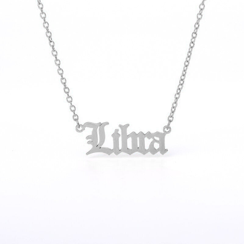 Libra Zodiac Name Plate Necklace in Silver.