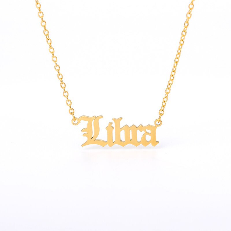 Libra Zodiac Name Plate Necklace in Gold.