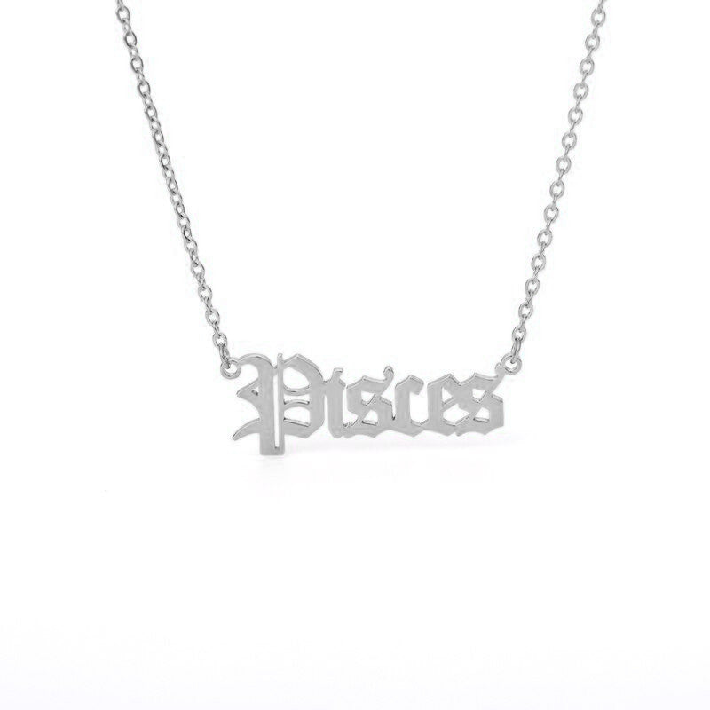 Pisces Zodiac Name Plate Necklace in Silver.