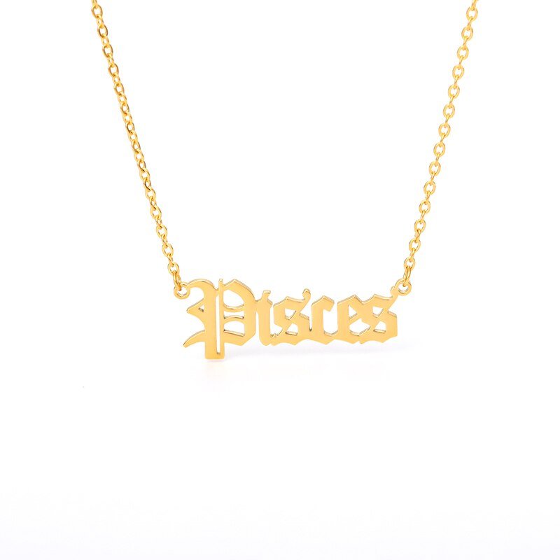 Pisces Zodiac Name Plate Necklace in Gold.