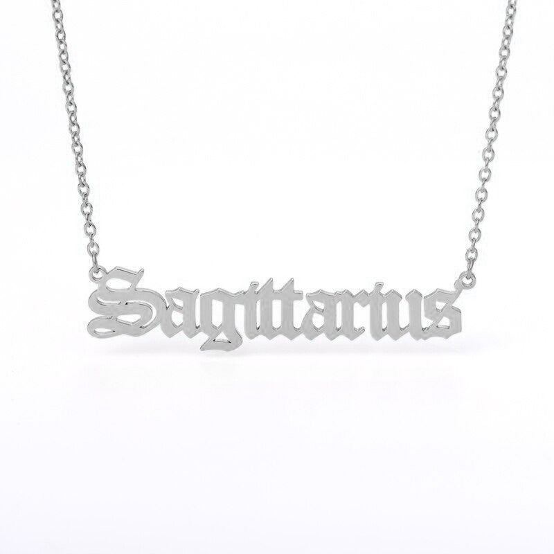 Sagittarius Zodiac Name Plate Necklace in Silver.