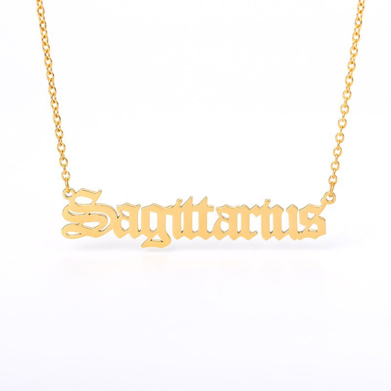 Sagittarius Zodiac Name Plate Necklace in Gold.