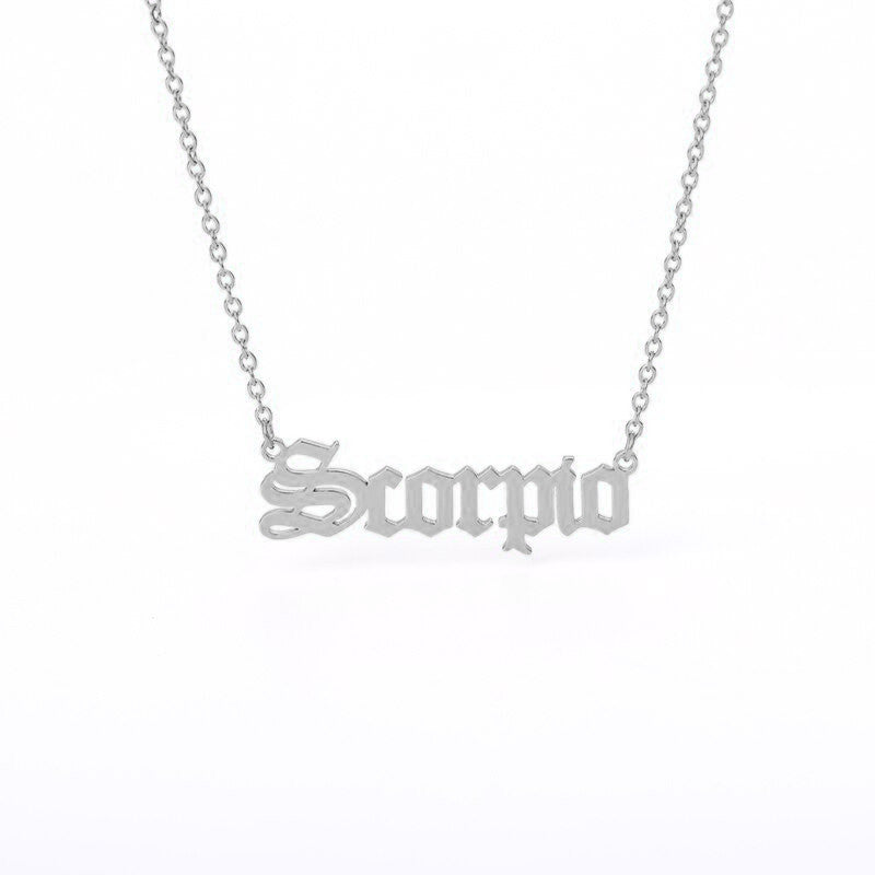 Scorpio Zodiac Name Plate Necklace in Silver.