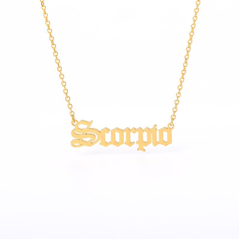 Scorpio Zodiac Name Plate Necklace in Gold.