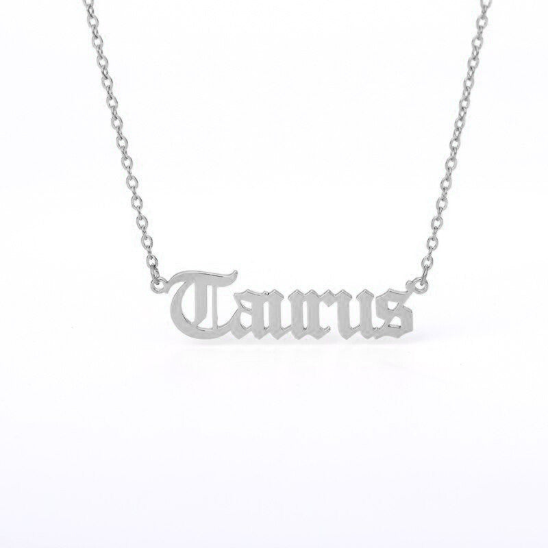 Taurus Zodiac Name Plate Necklace in Silver.