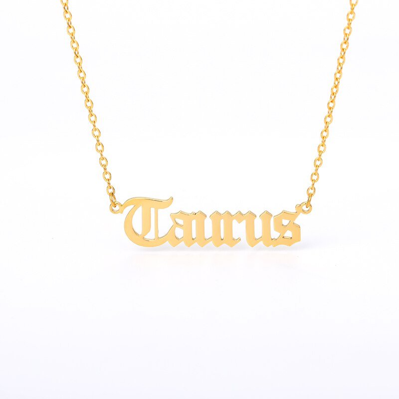 Taurus Zodiac Name Plate Necklace in Gold.