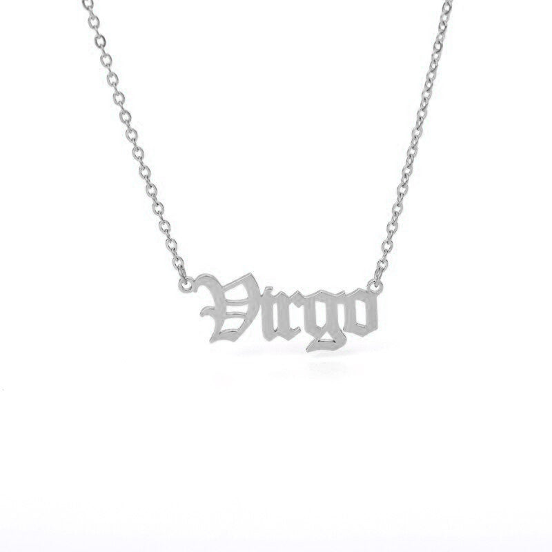 Virgo Zodiac Name Plate Necklace in Silver.