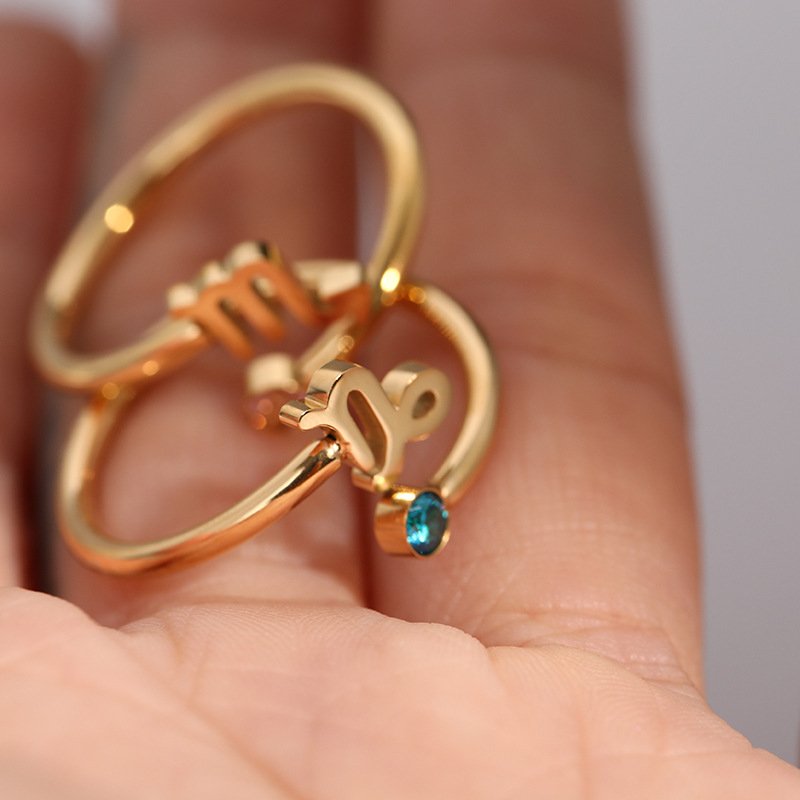 Closeup of the Zodiac Sign Birthstone Gold Ring.